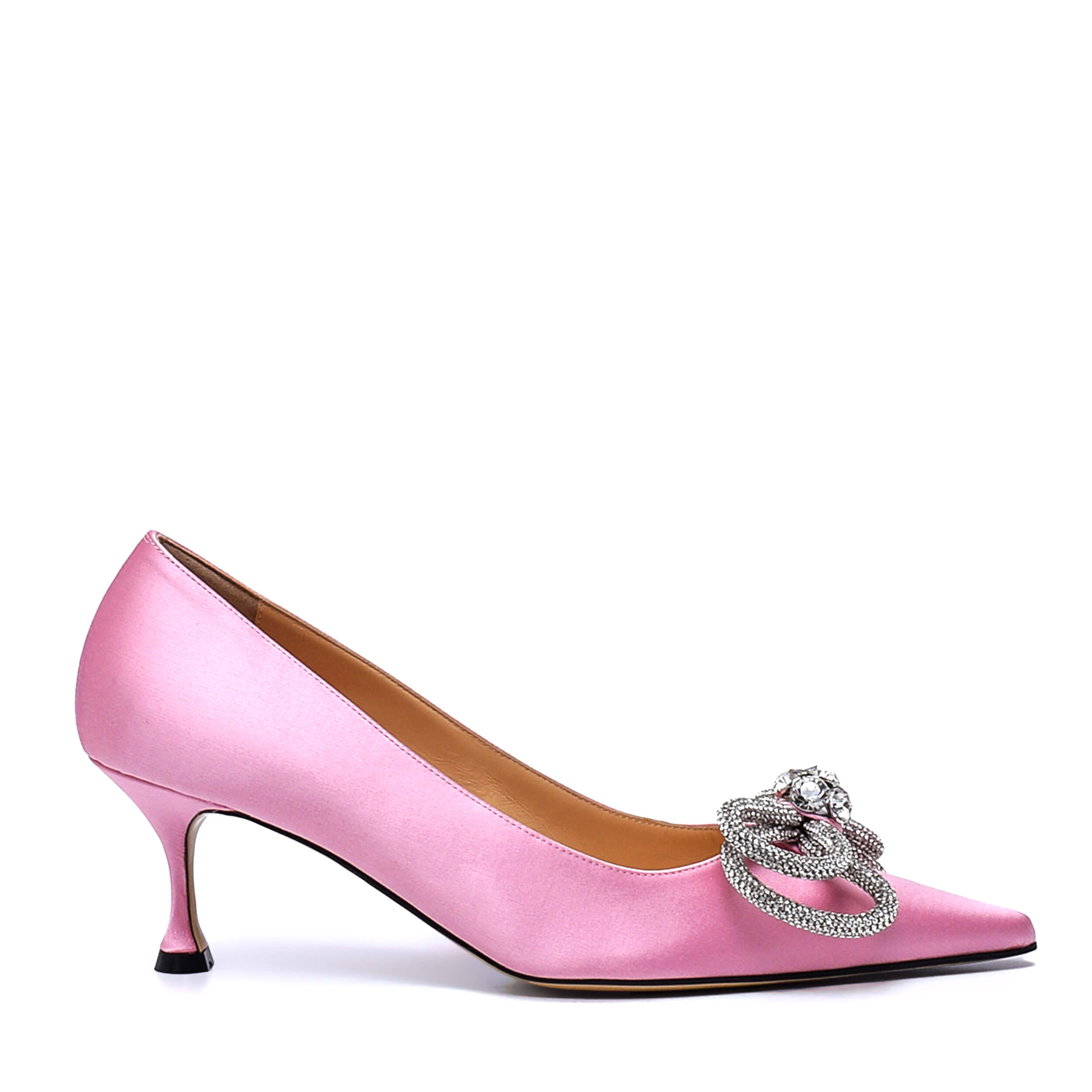 Mach&Mach - Pink Double Bow Crystal Embellished Silk Satin Point Toe Pumps / 38